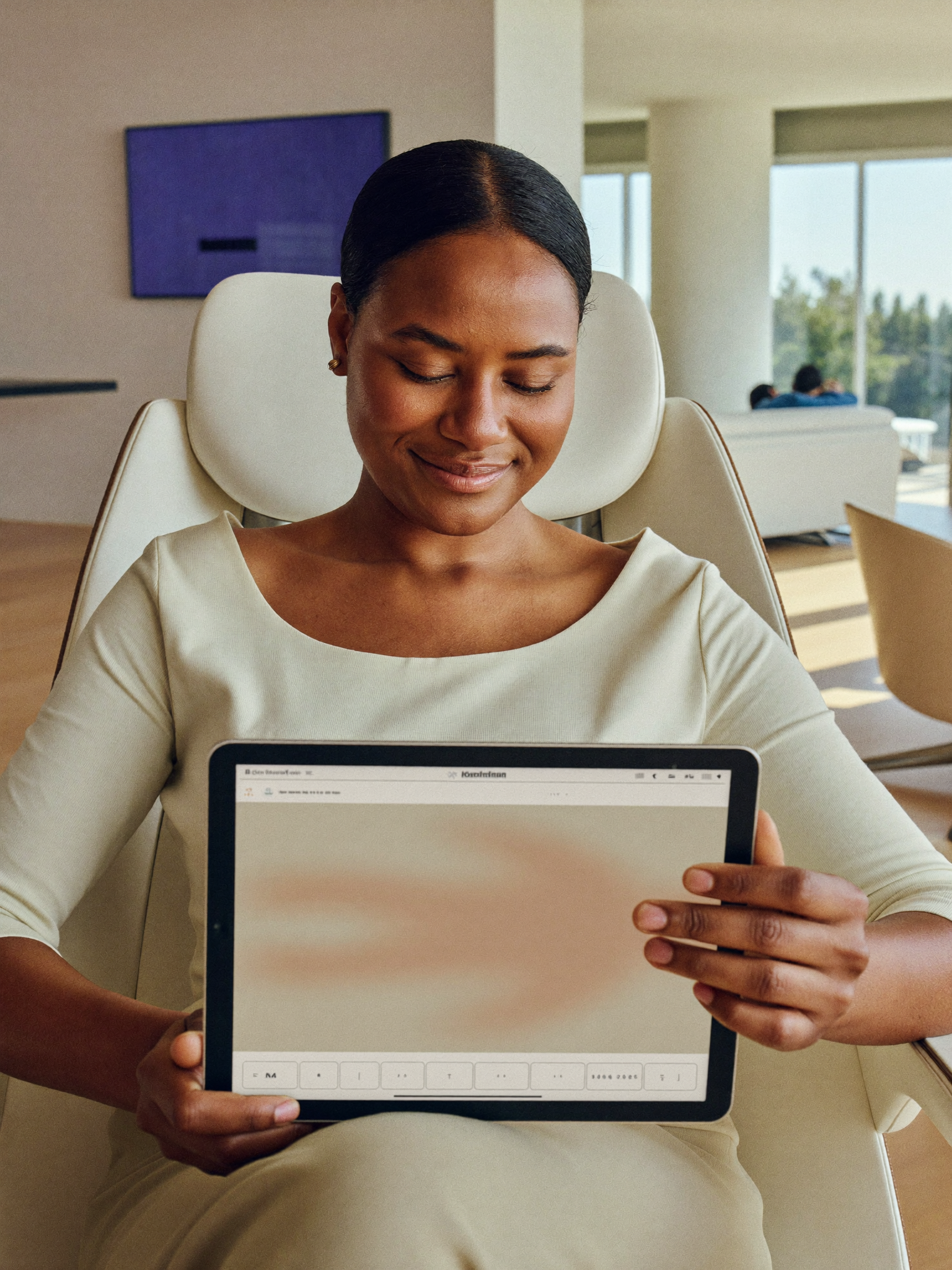 A woman calmly reviewing a curated results gallery on a tablet
