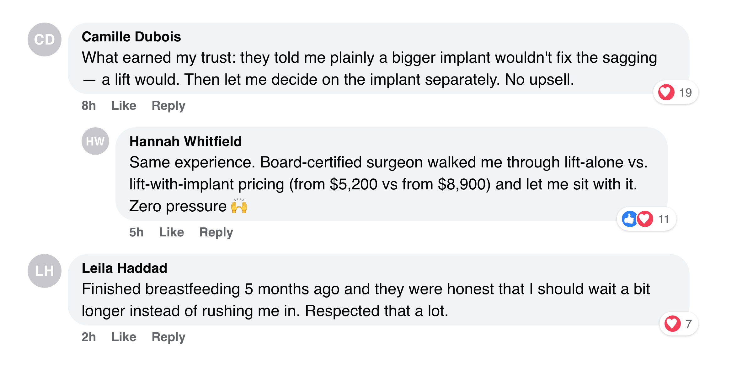 Facebook comments praising the honest, no-pressure consultation about lift and implant options