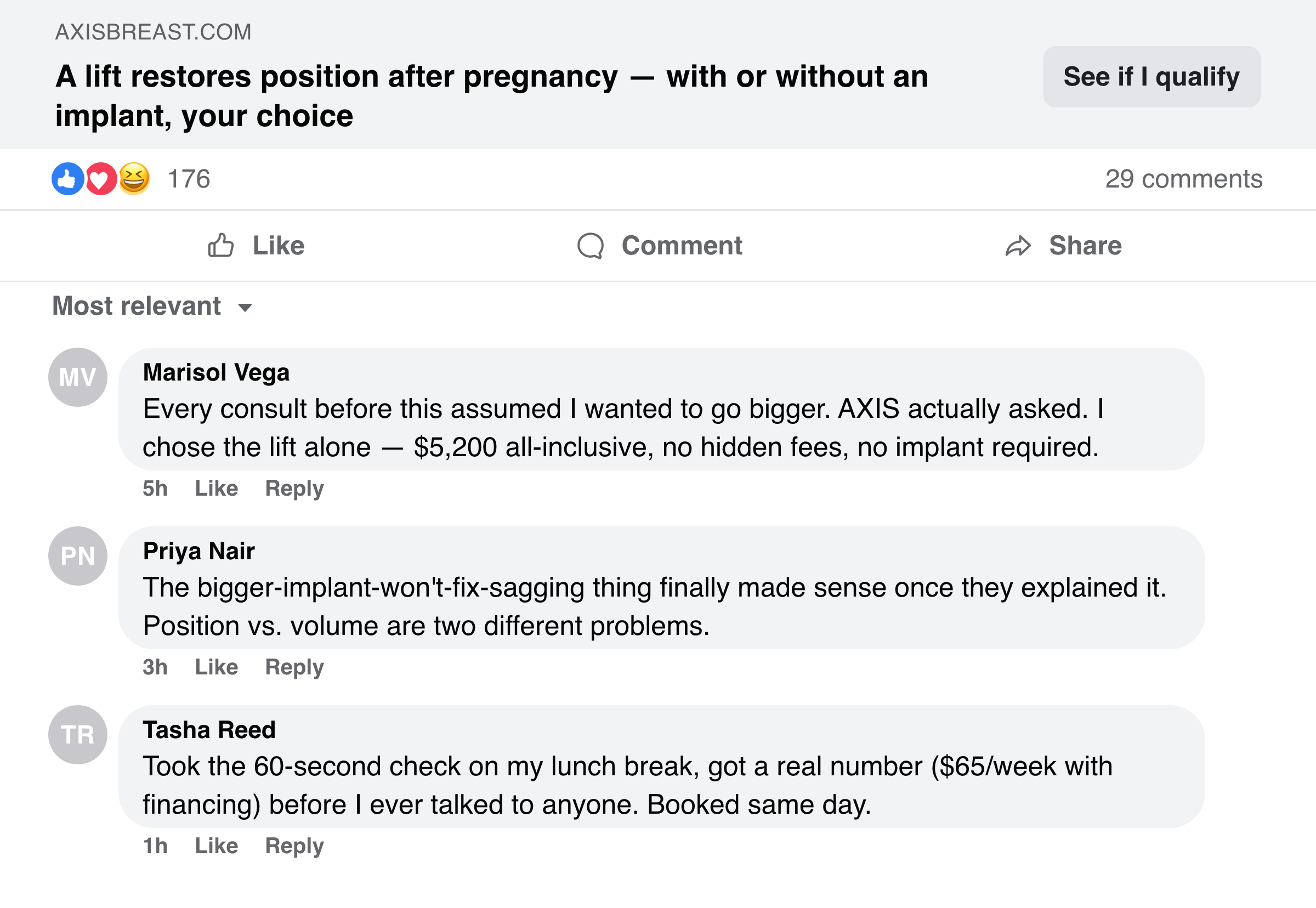 Facebook post and comments from patients who chose a lift without an implant