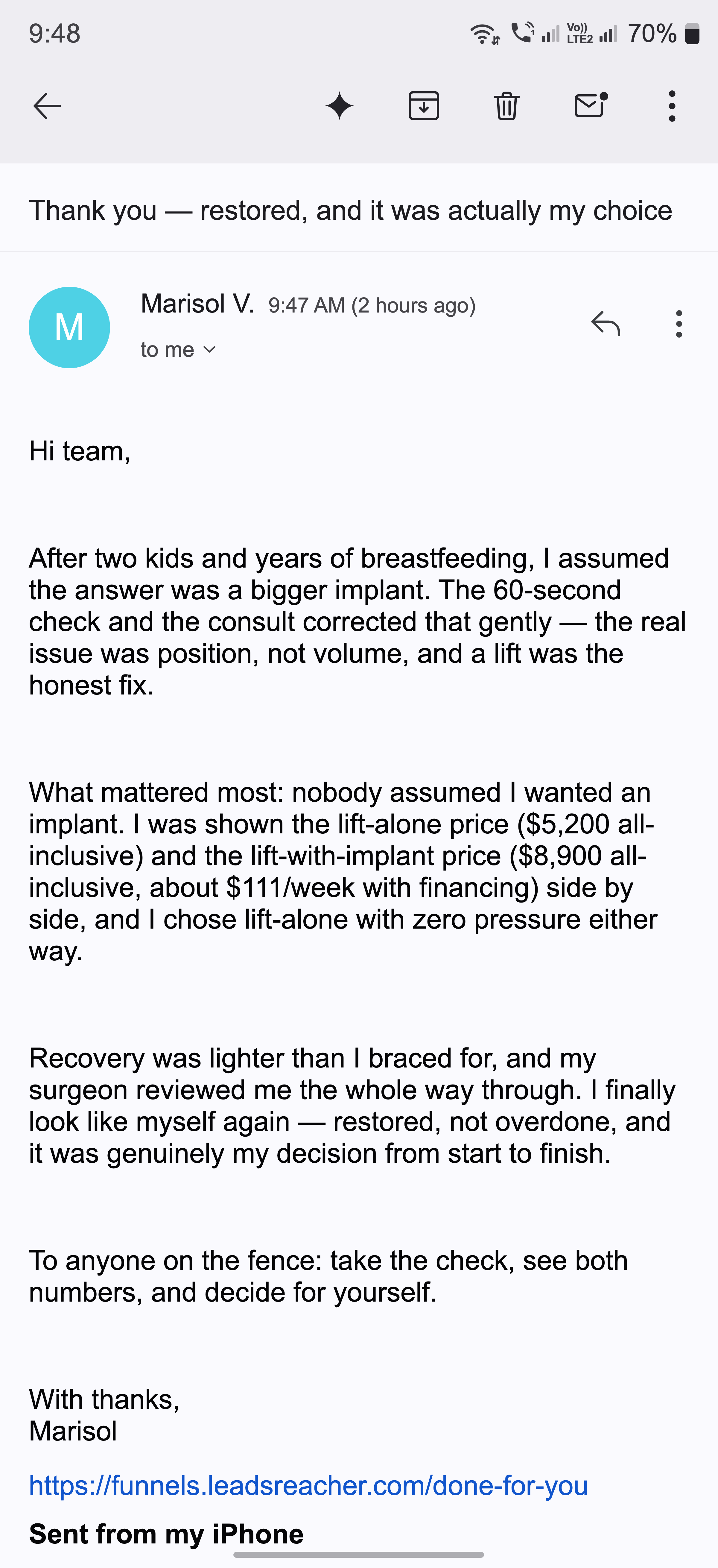 A thank-you email from a patient after her lift