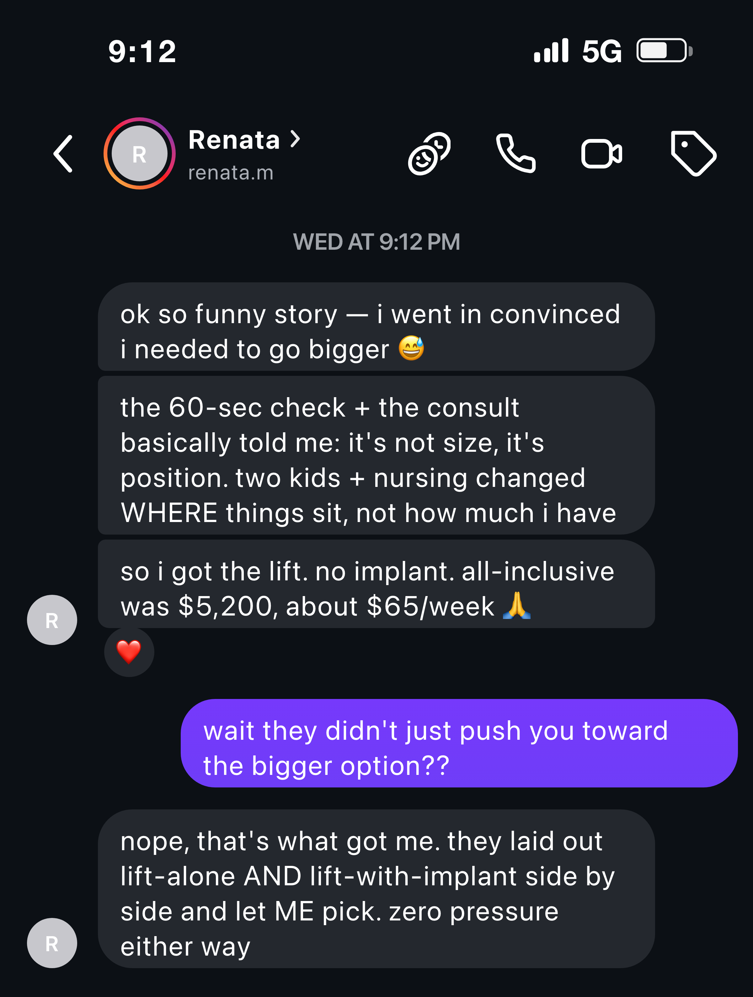 Instagram message from a patient about learning it was a lift, not a bigger implant, that she needed