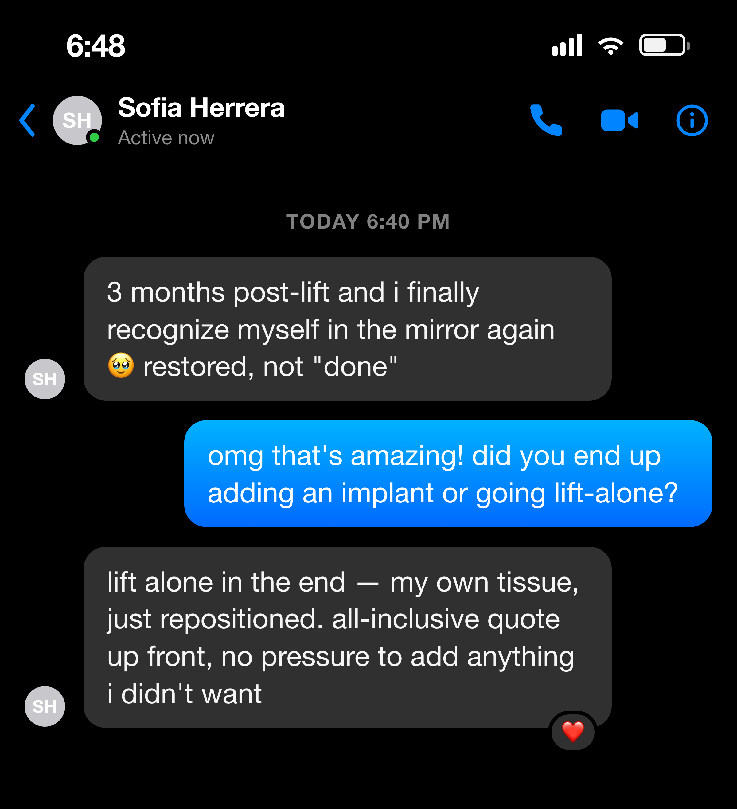 Messenger note from a patient about looking restored and natural after her lift