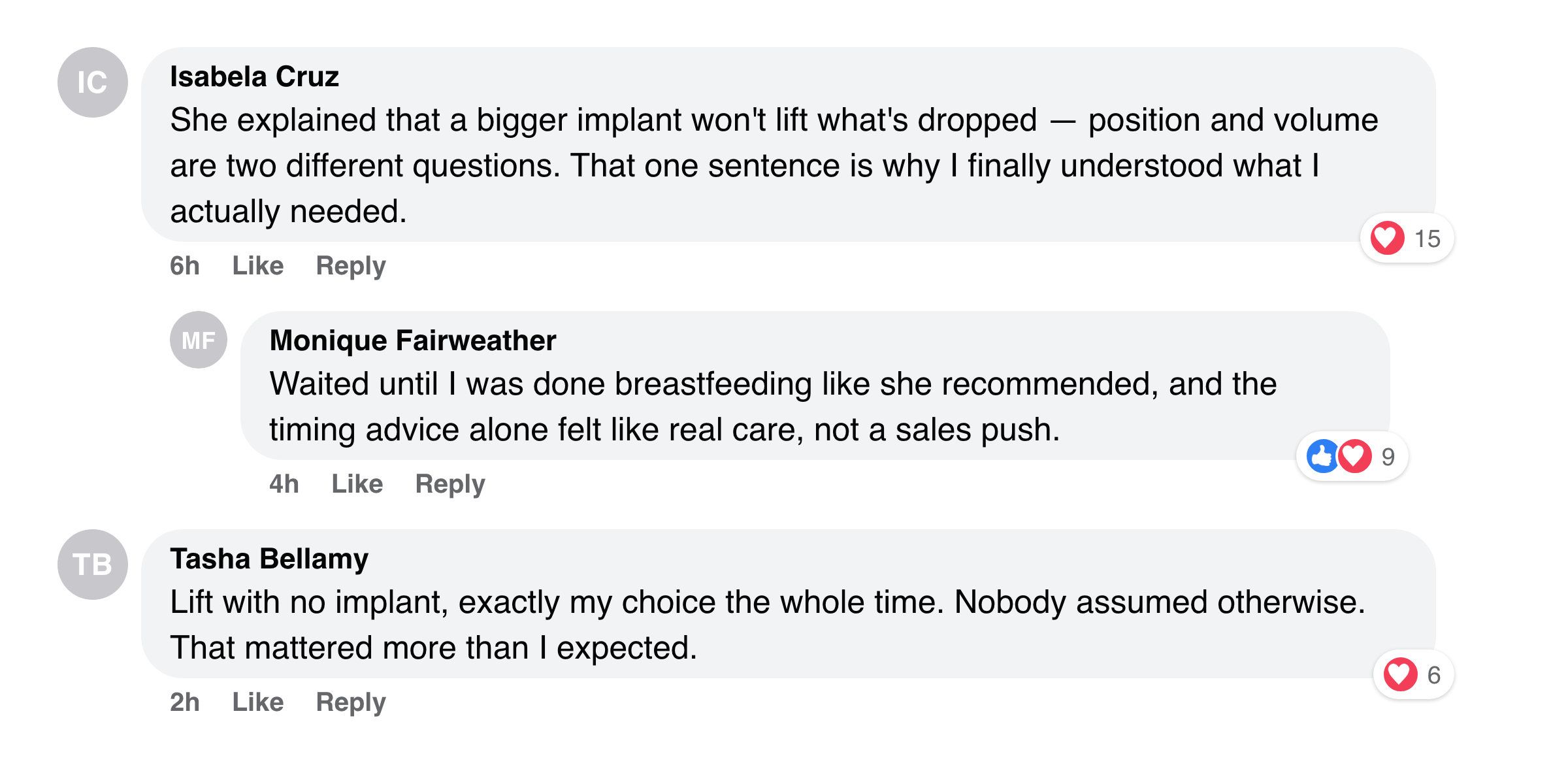 Facebook comments about being told a bigger implant won't lift what's dropped