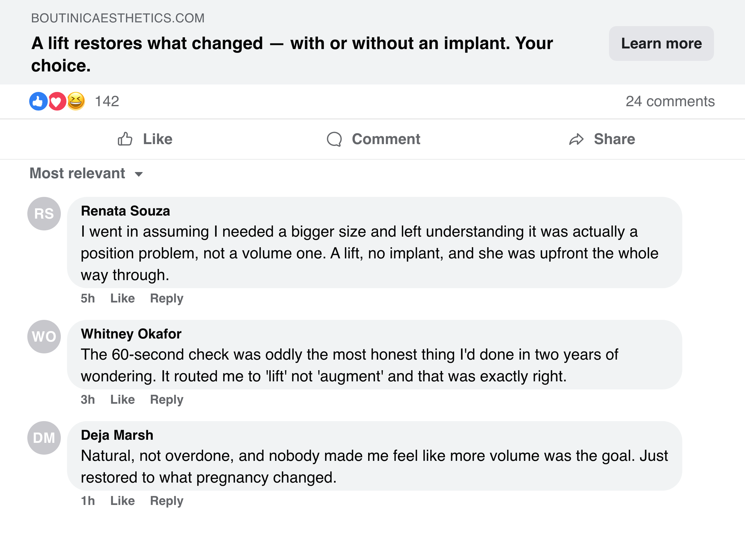 Facebook post about a lift restoring shape with or without an implant, her choice