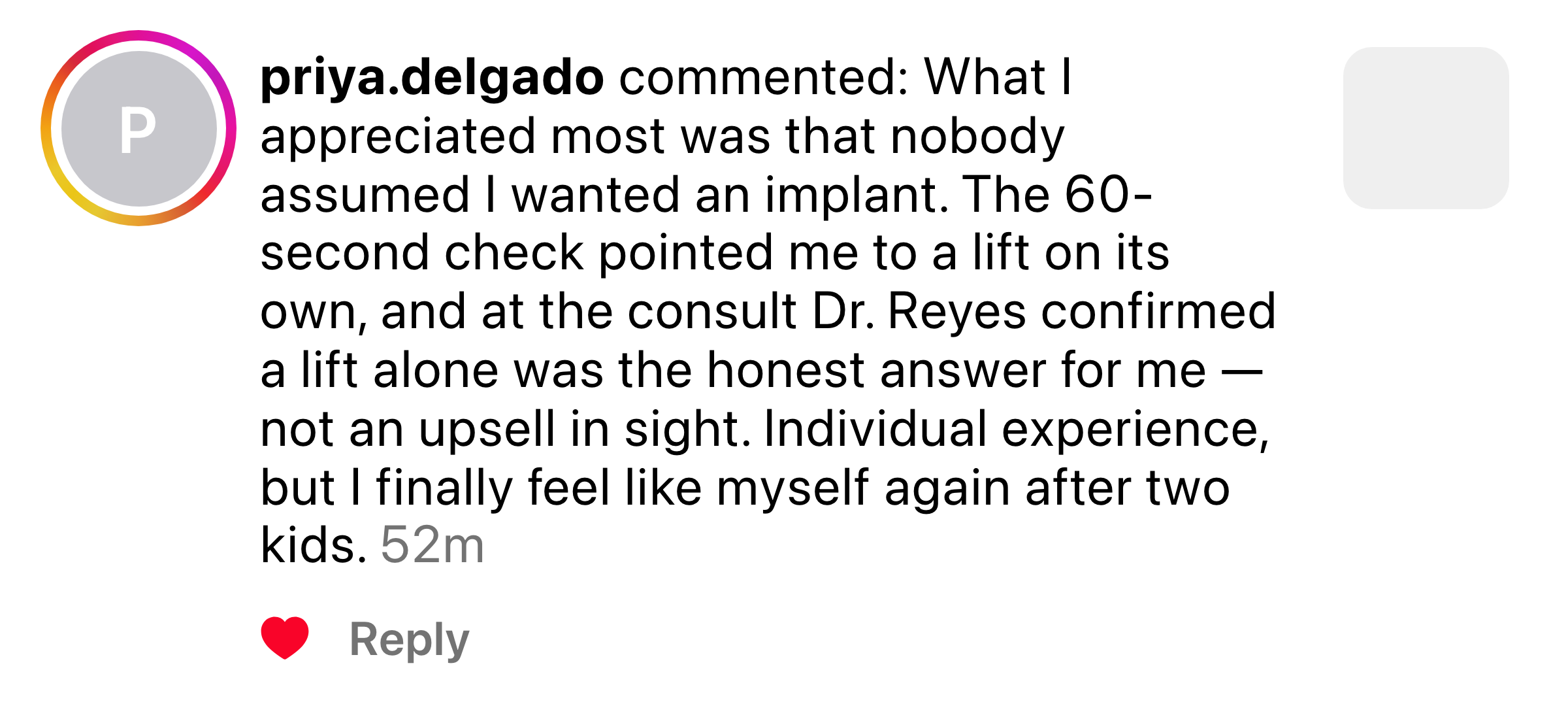 Instagram comment about the 60-second check pointing her to a lift, not an implant