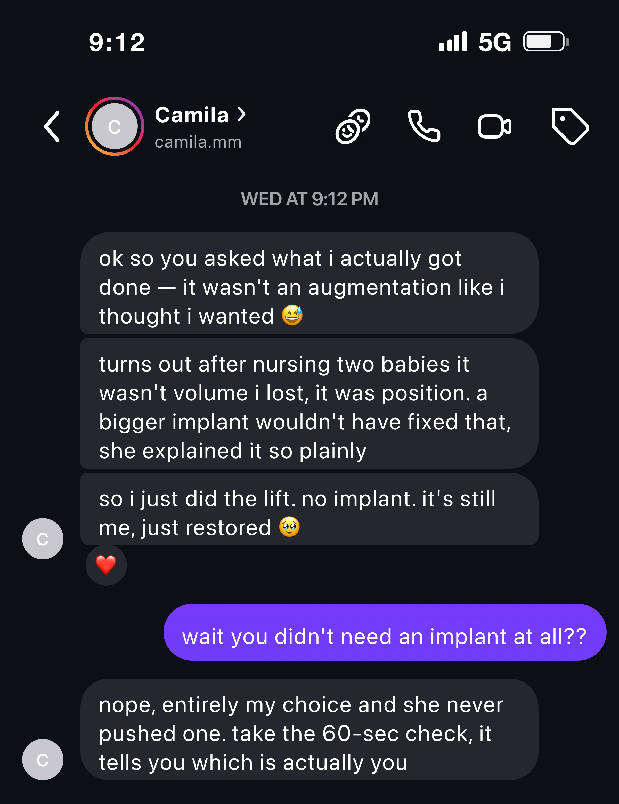 Instagram message about a lift restoring her shape after breastfeeding, no implant needed