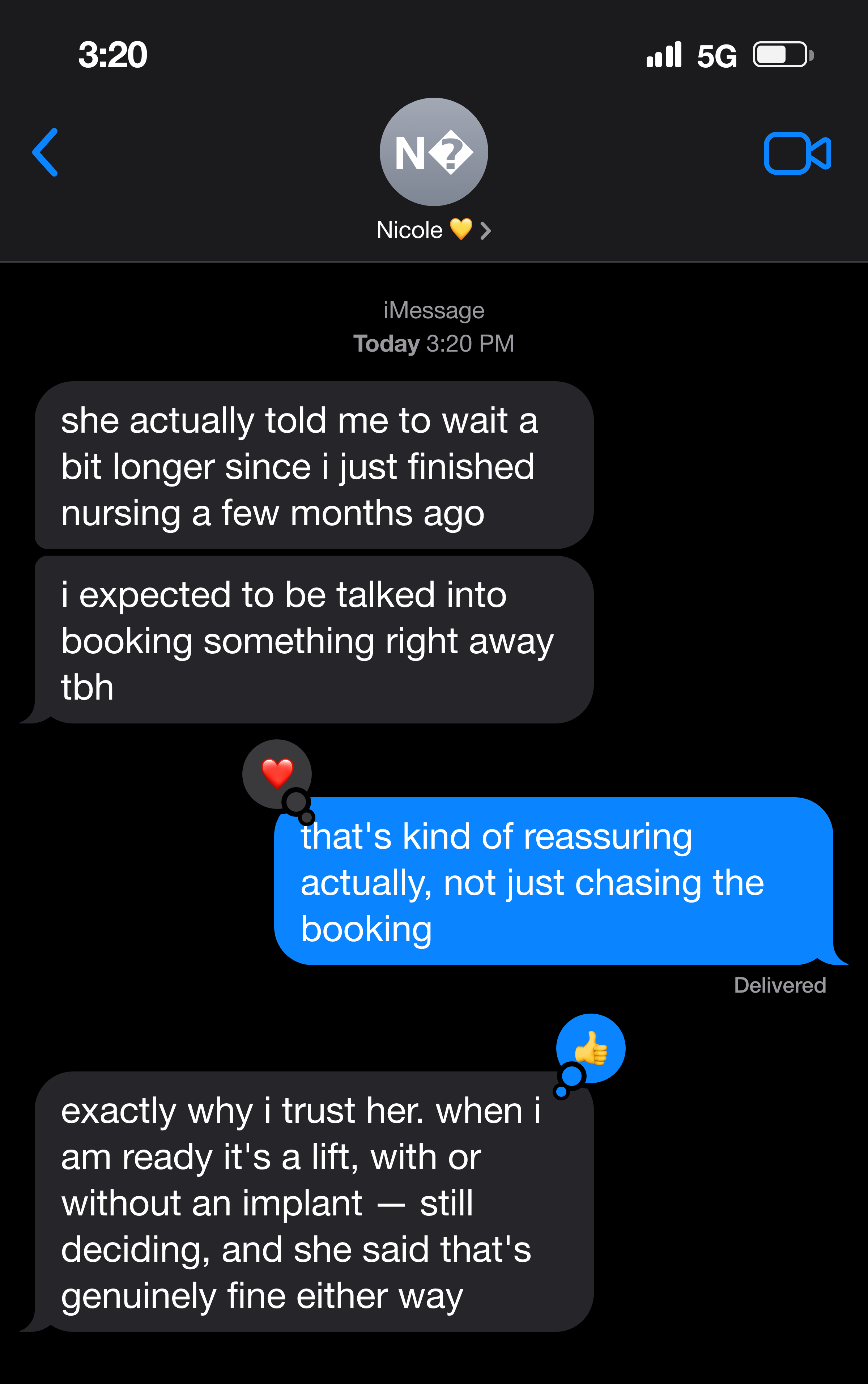 Text messages about being told honestly to wait until ready, no pressure to book