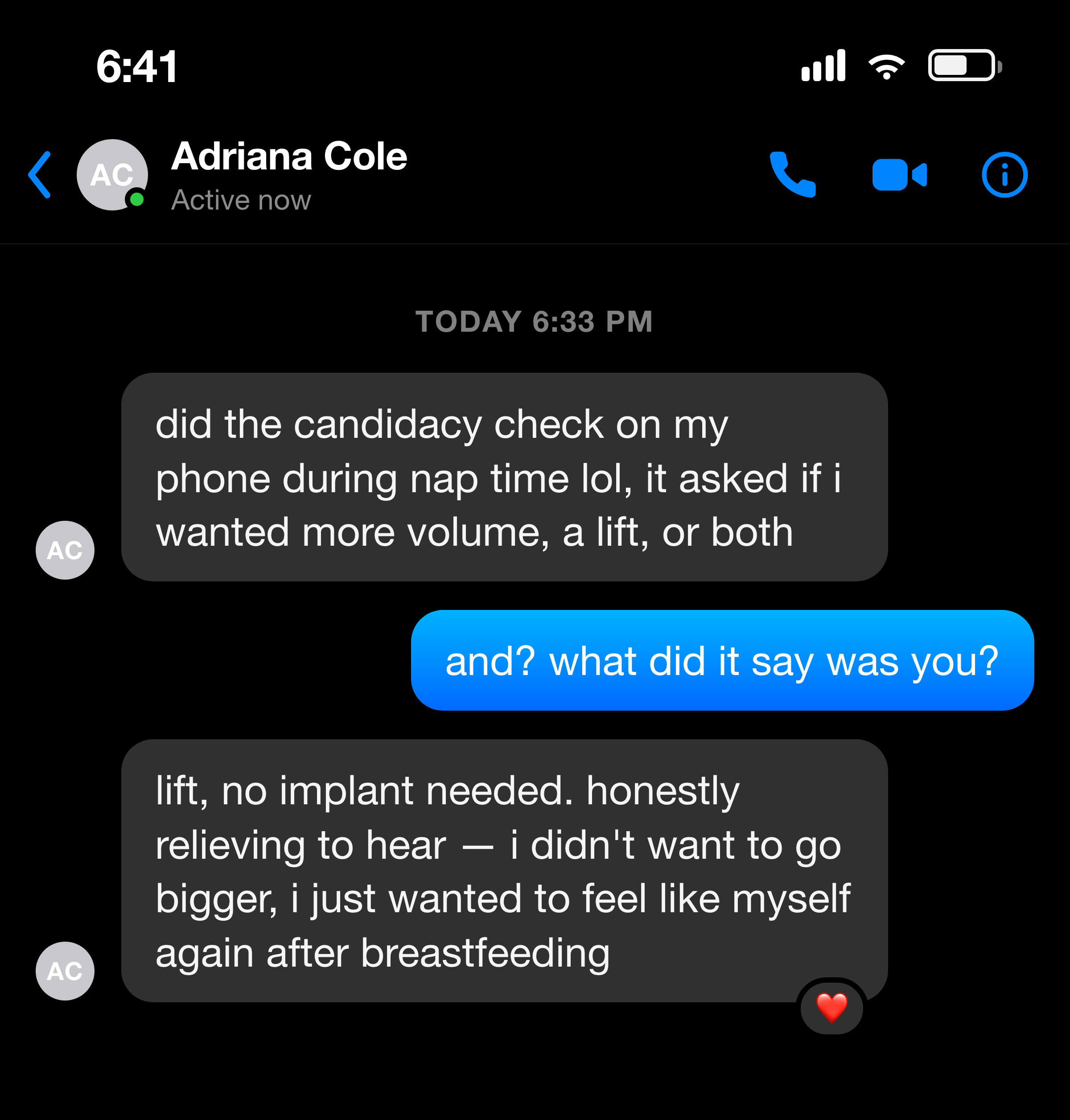 Messenger note about feeling like herself again after breastfeeding