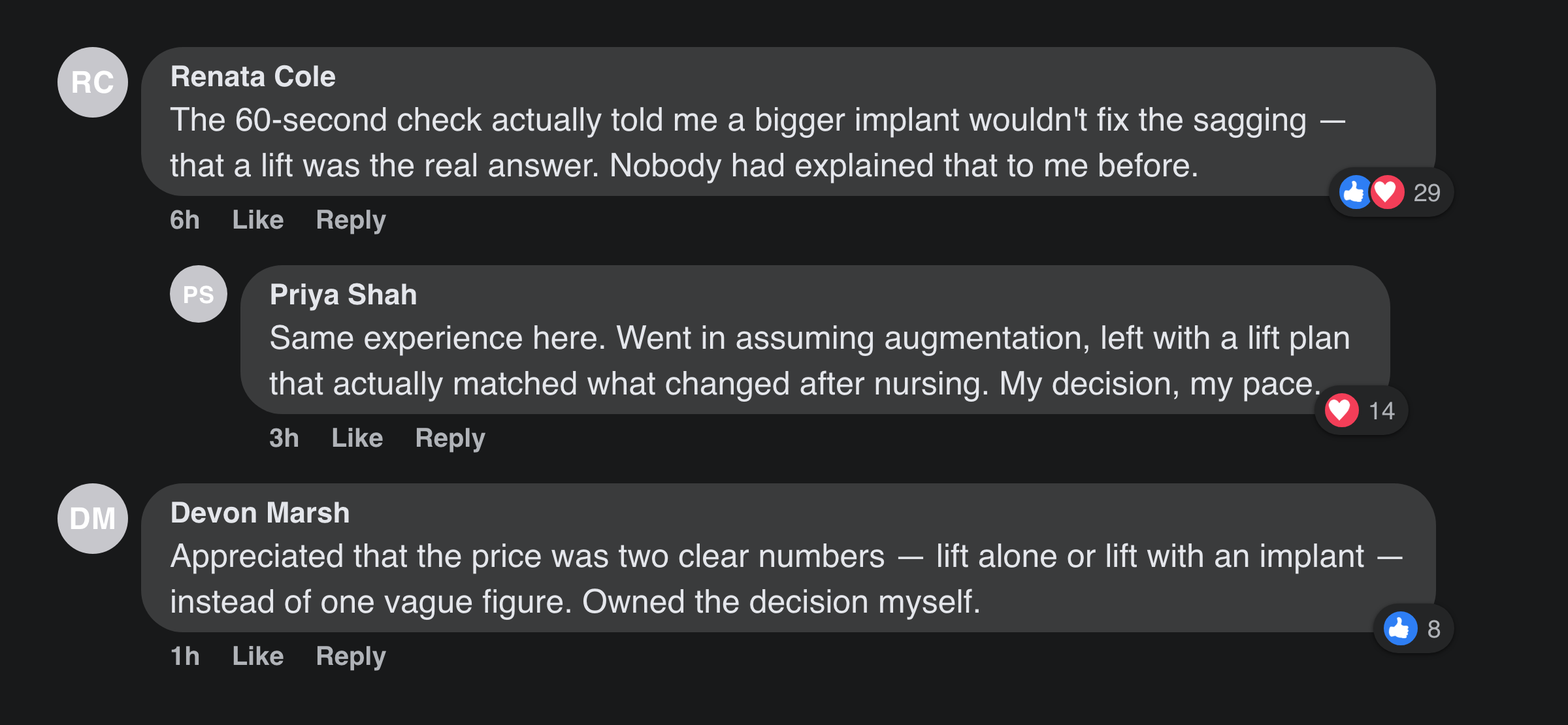 Facebook comments from women about the goal-router correctly matching a lift instead of an implant