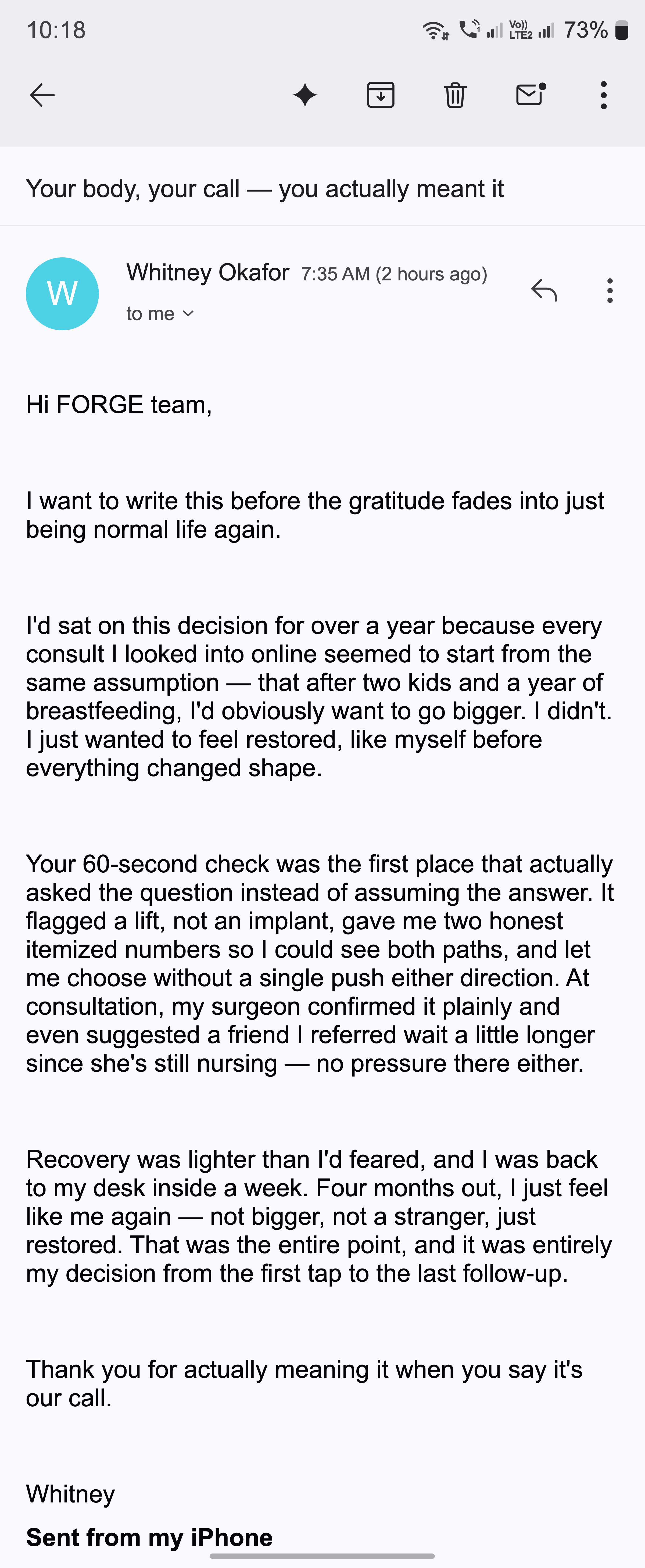 A thank-you email from a woman grateful to be asked instead of assumed about adding an implant