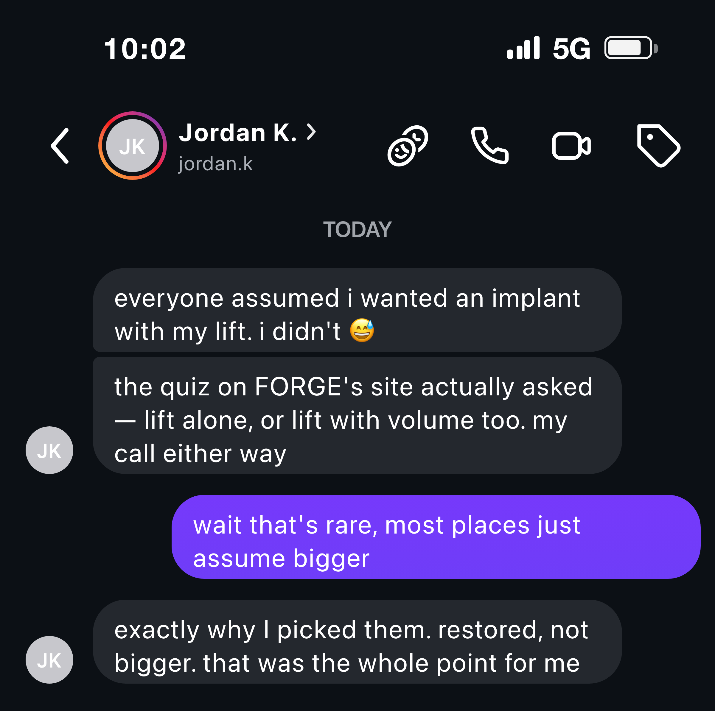 Instagram message from a woman who was asked lift alone or with an implant, instead of an implant being assumed