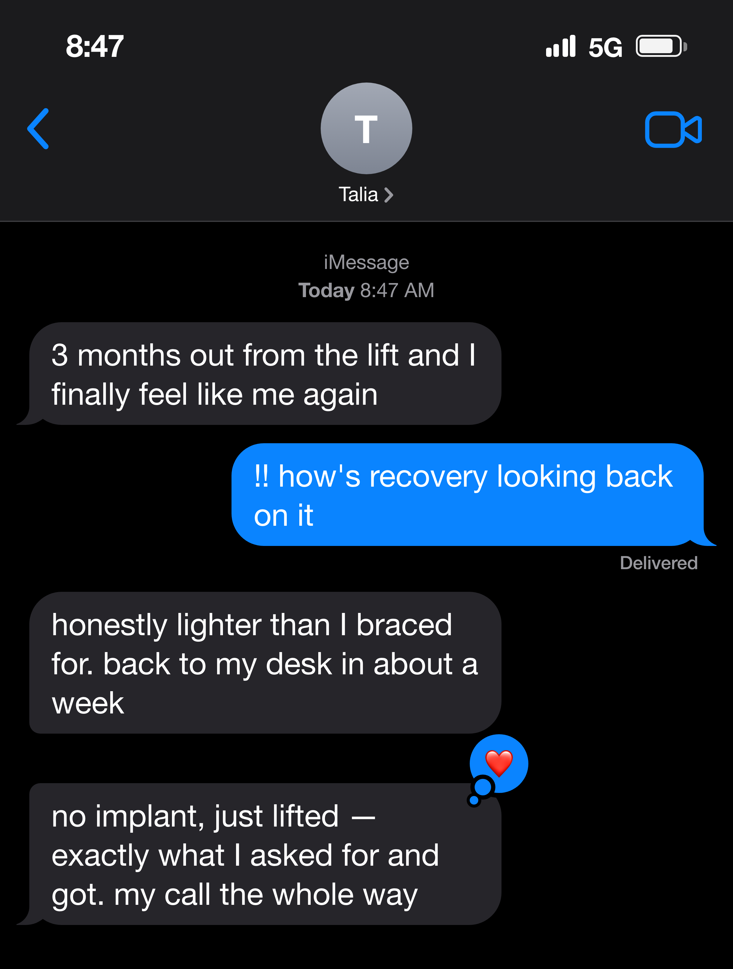 Text message from a woman who feels like herself again after her lift, with a light recovery