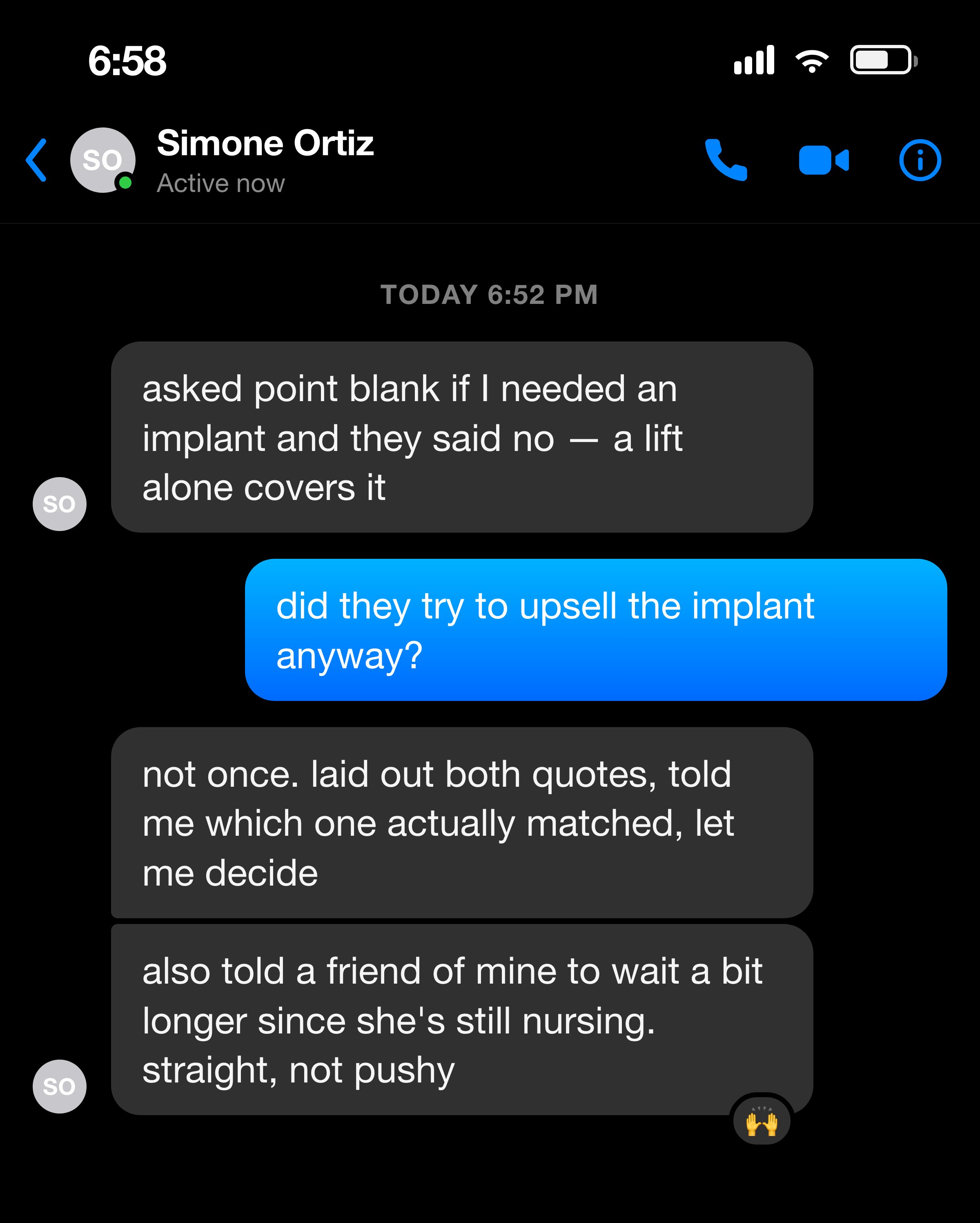 Messenger note from a woman told honestly she didn't need an implant, with two clear quotes to compare
