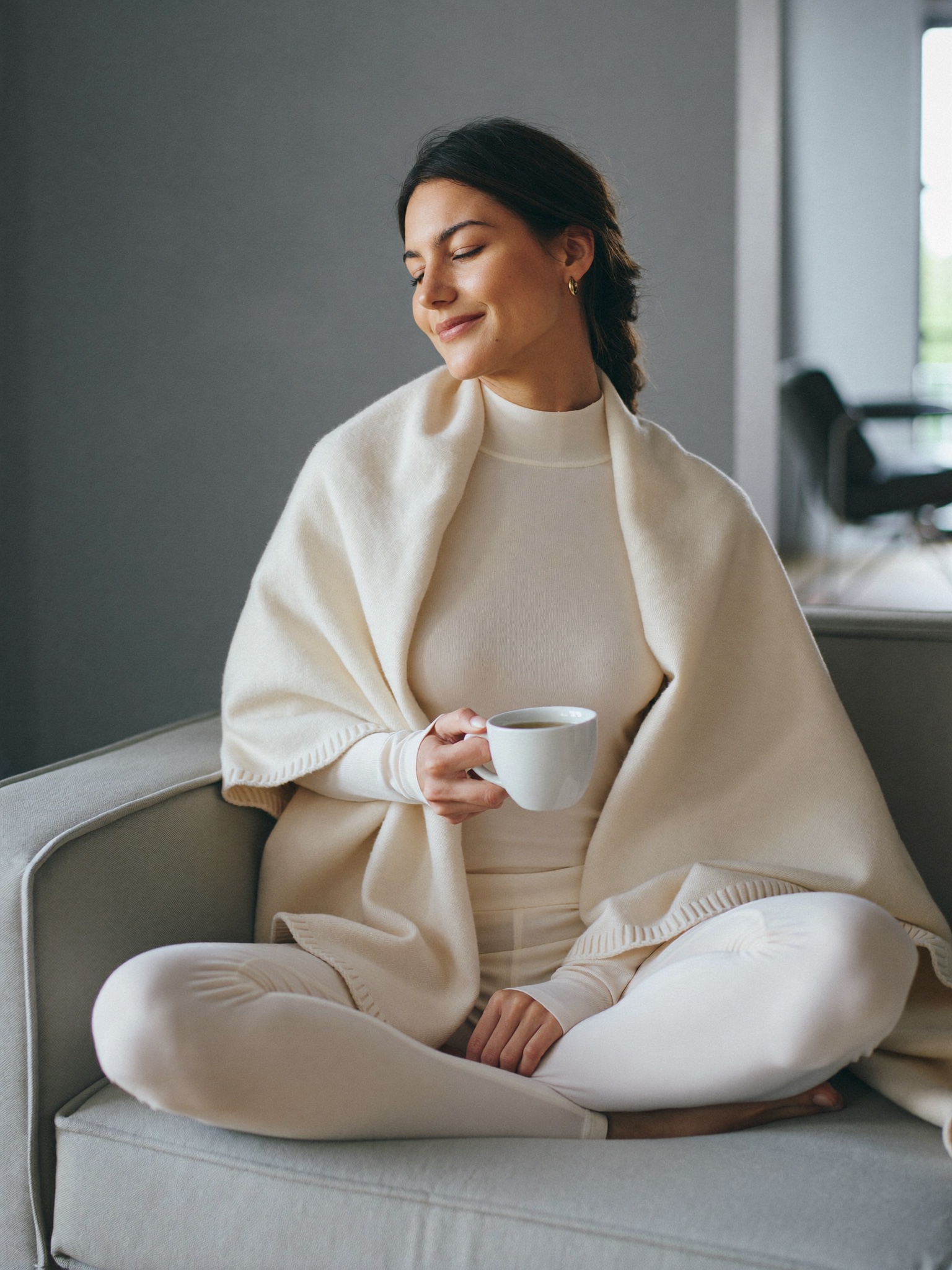A calm woman resting comfortably at home during a light recovery