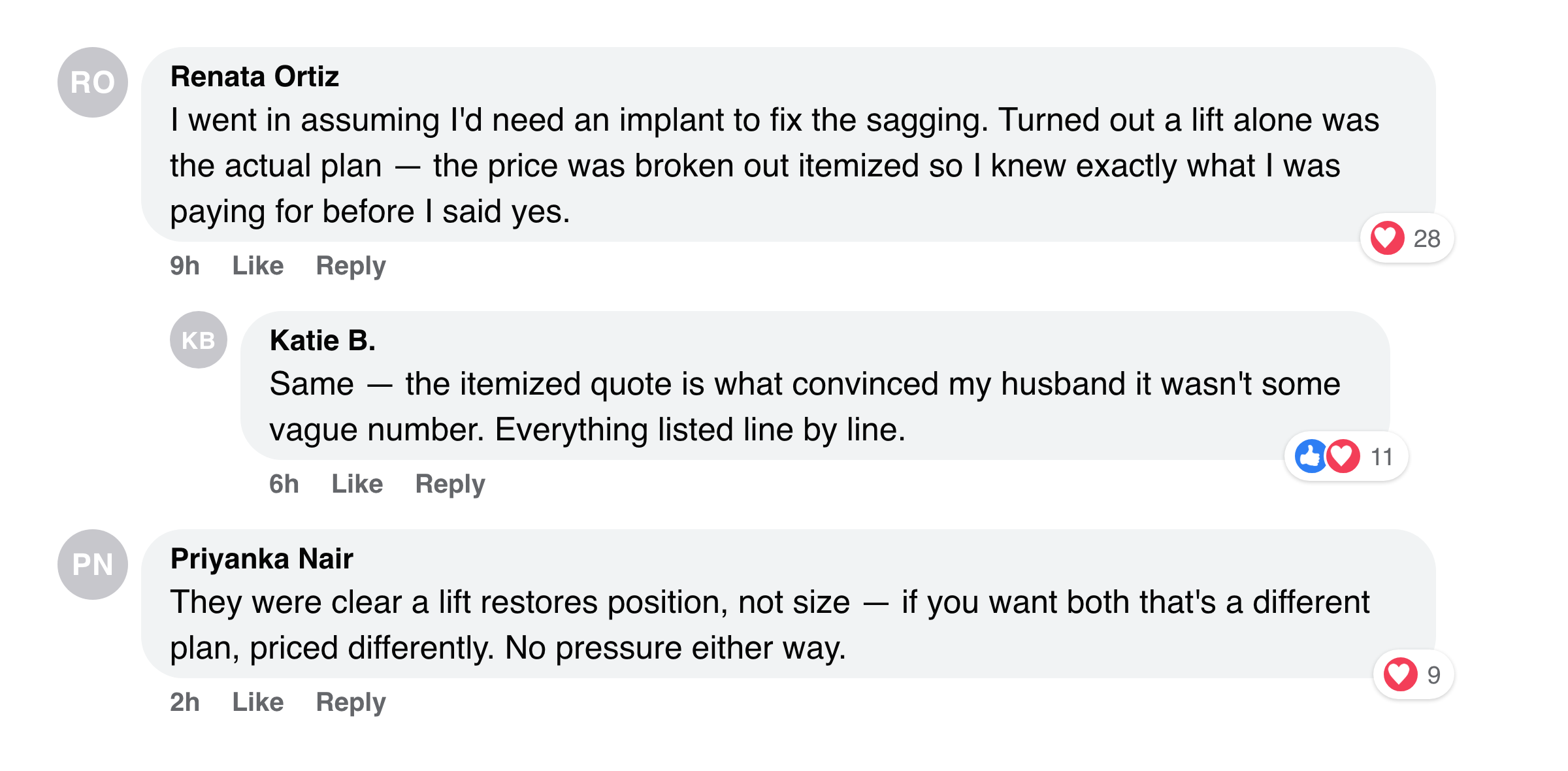 Facebook comments about a lift-only plan and the itemized quote