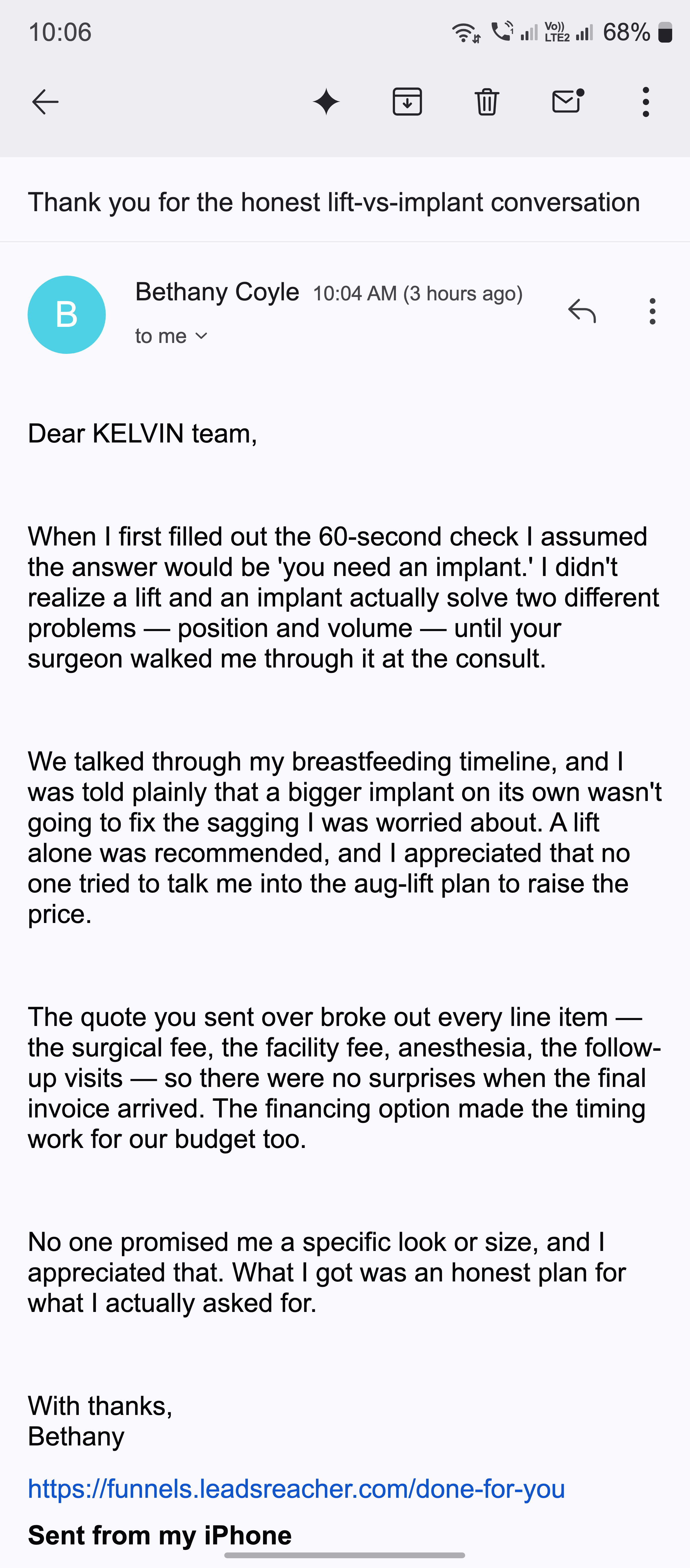 A thank-you email about the honest lift-versus-implant conversation