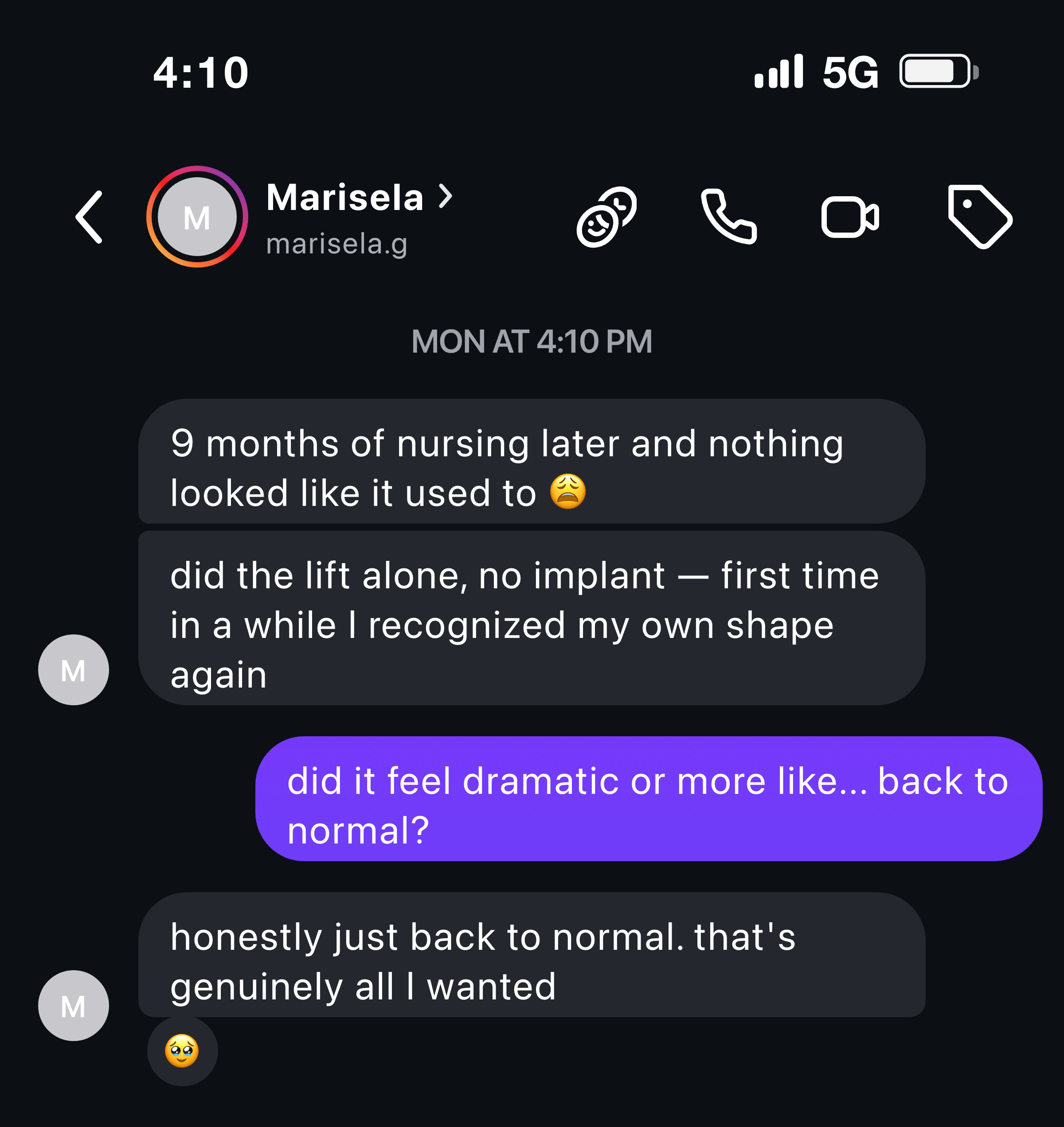 Instagram message about a lift restoring her pre-pregnancy shape