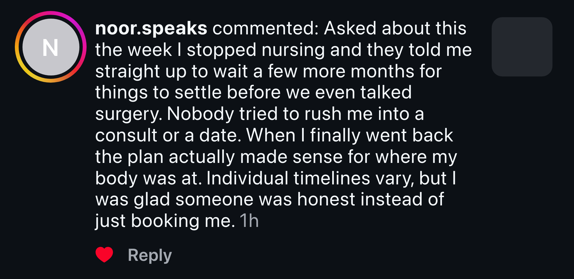 Instagram message about being told honestly to wait until ready