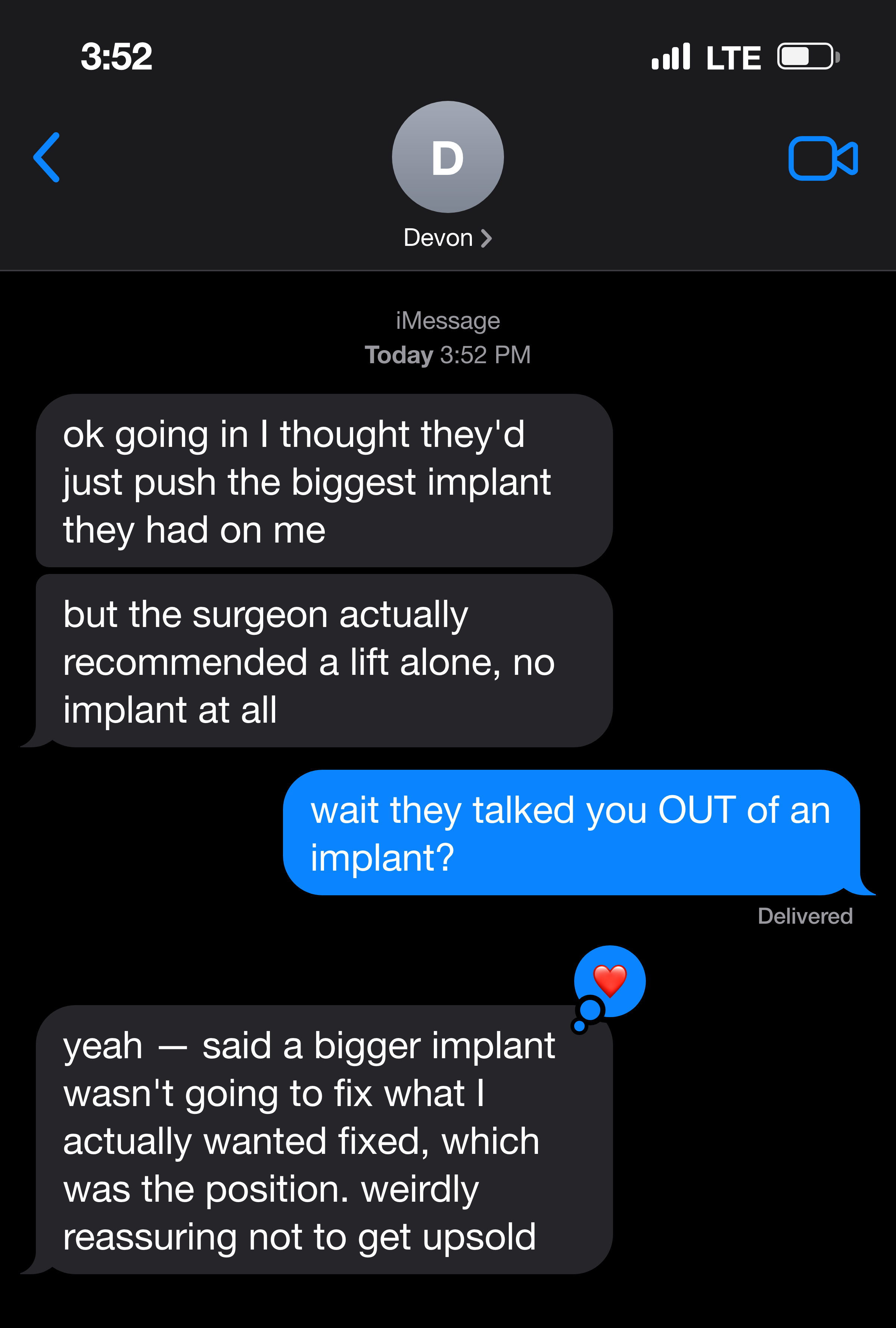 Text message about choosing a lift alone with no pressure to add an implant