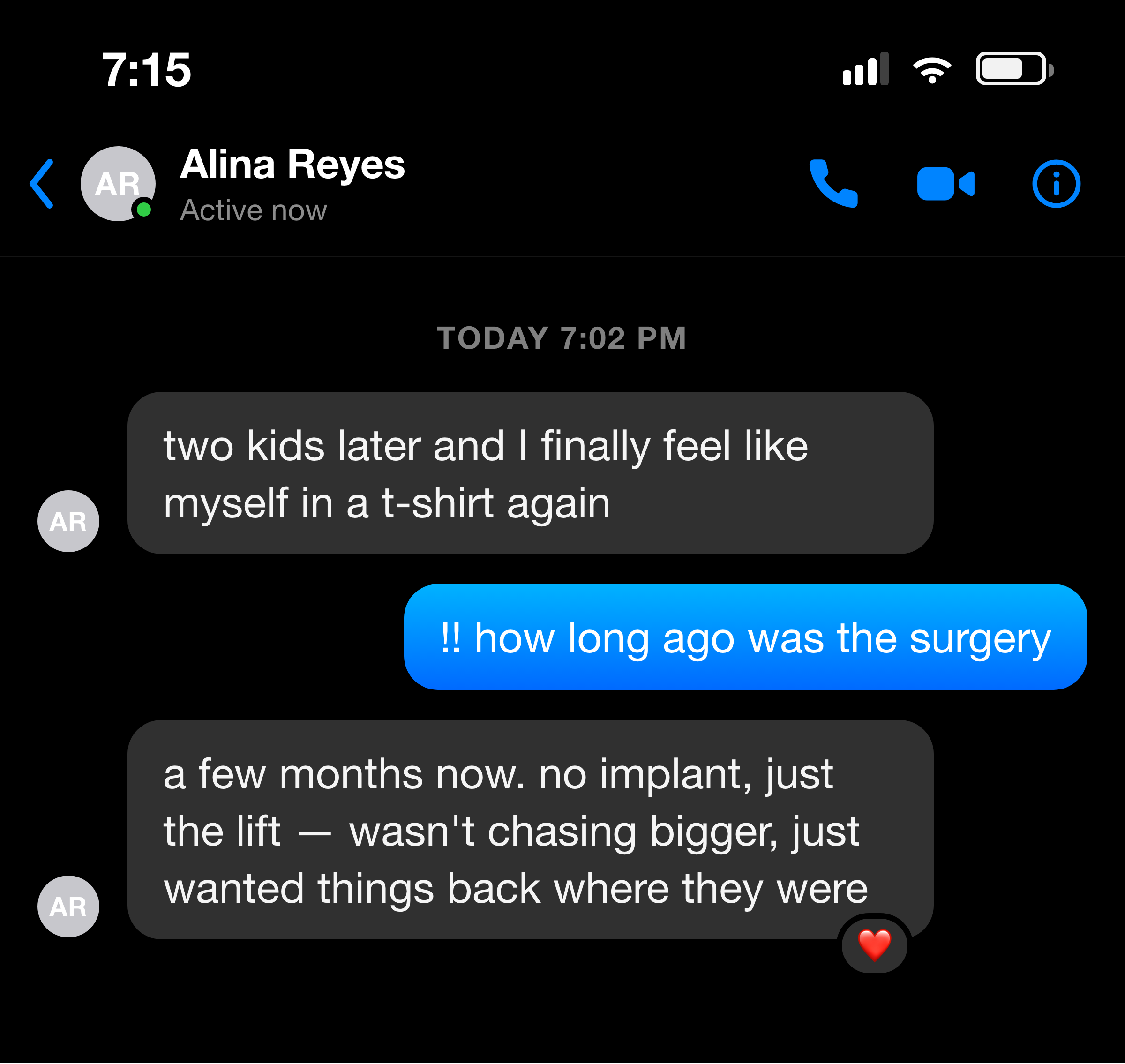 Messenger note about feeling like herself again after two kids
