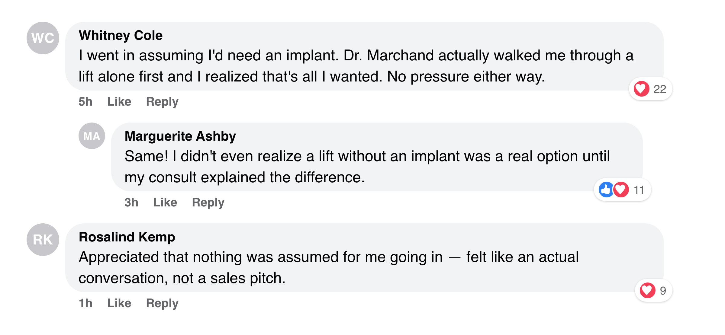 Facebook comments from patients who chose a lift without an implant