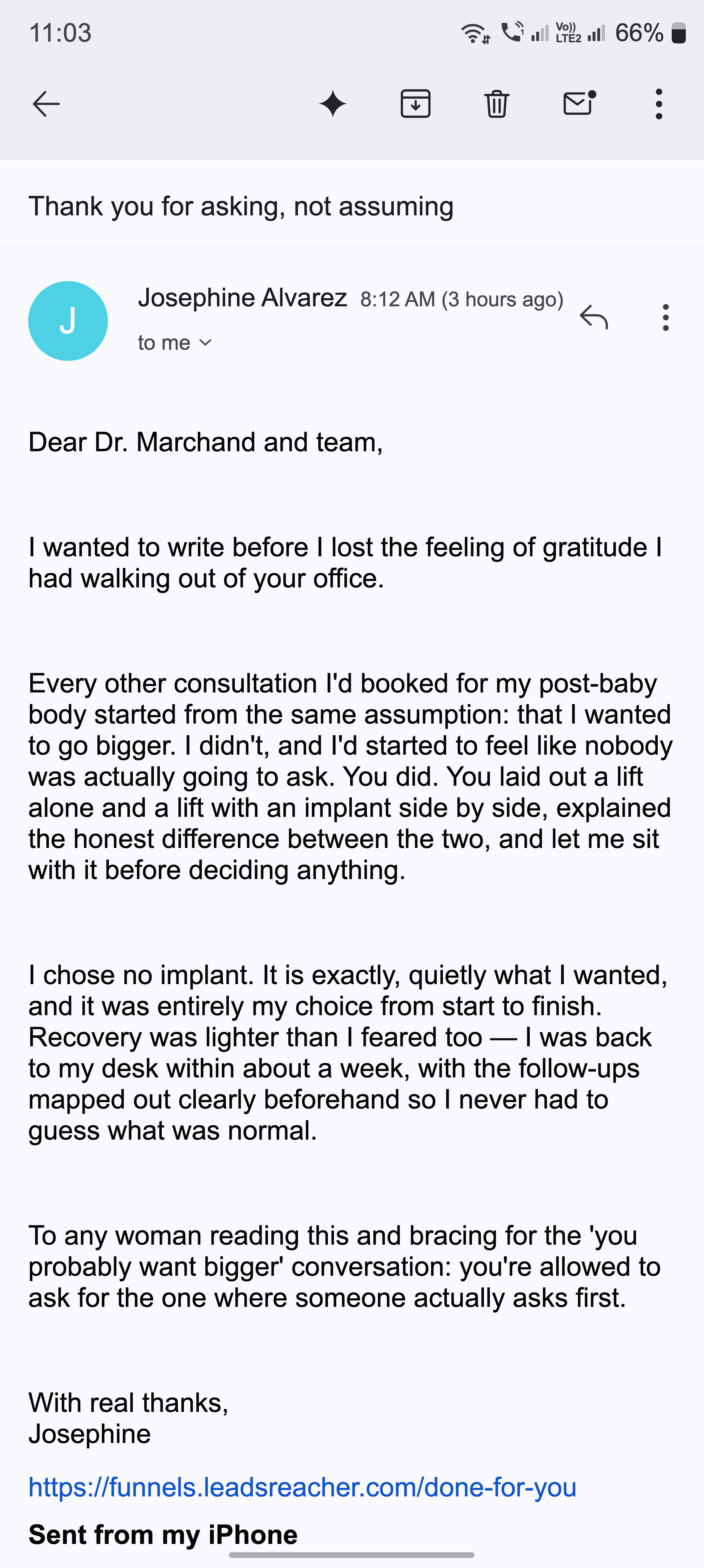 A thank-you email from a patient after her lift
