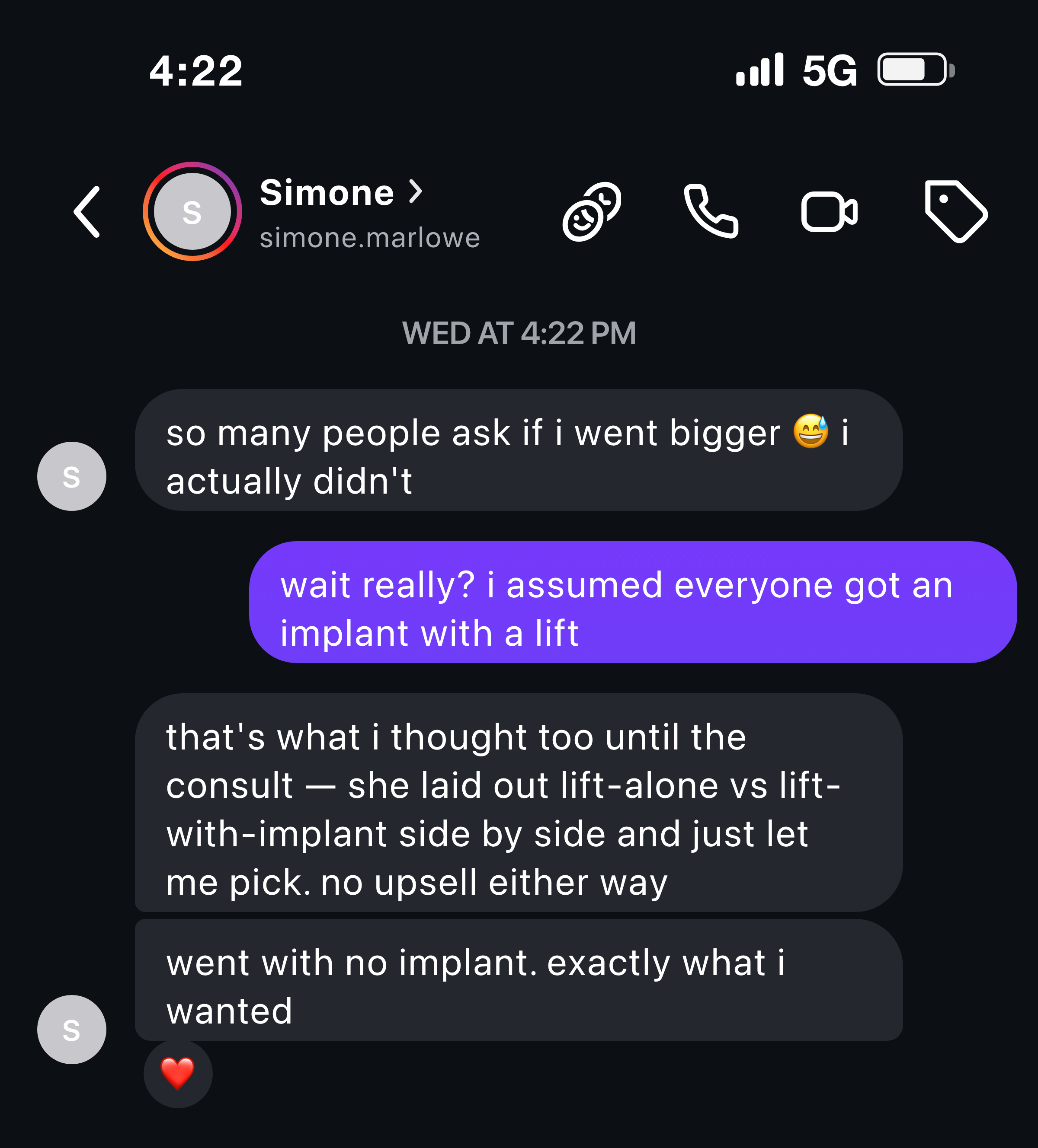 Instagram message from a patient about being given the choice, not assumed