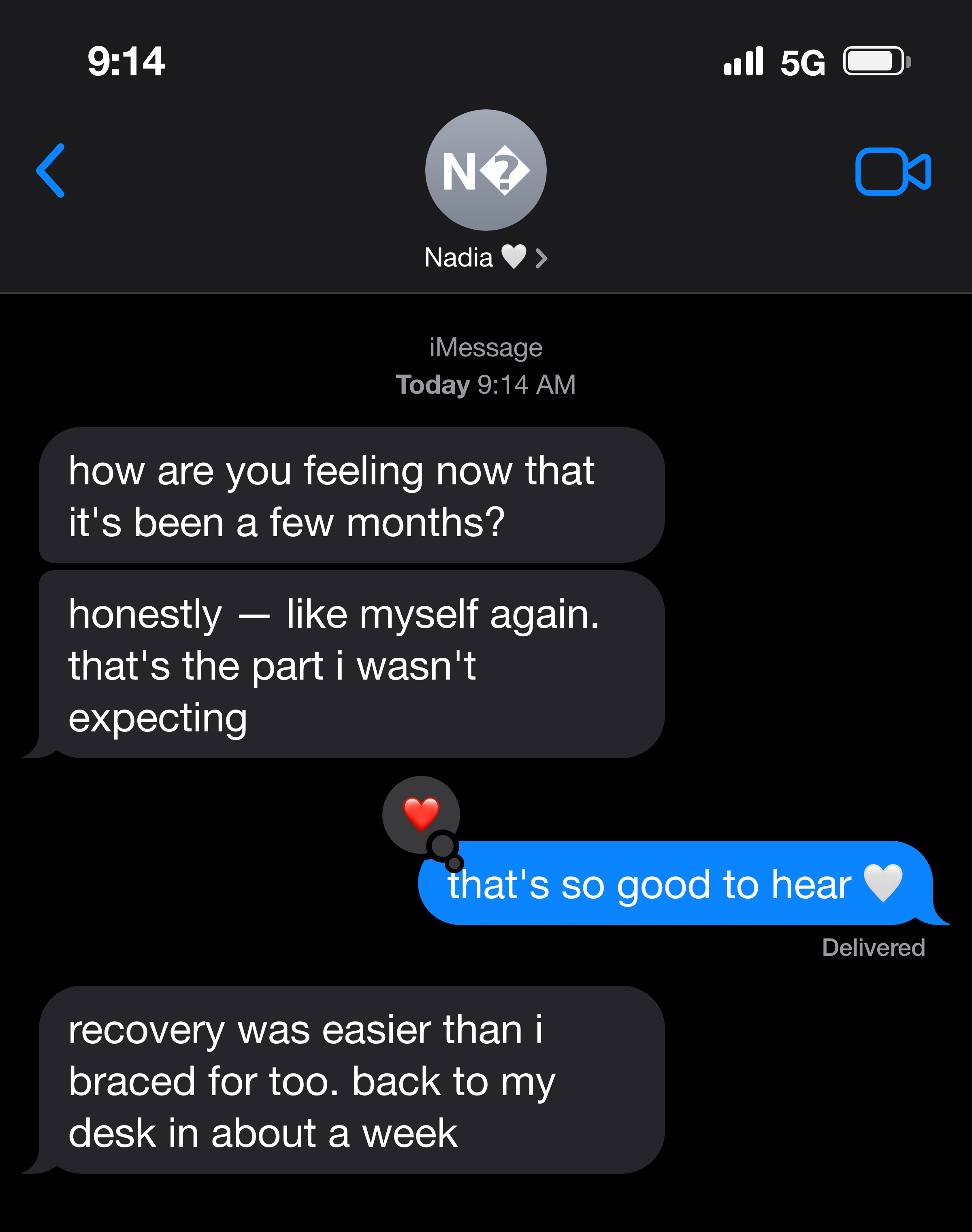 Text message from a patient — lifted and finally feeling like herself