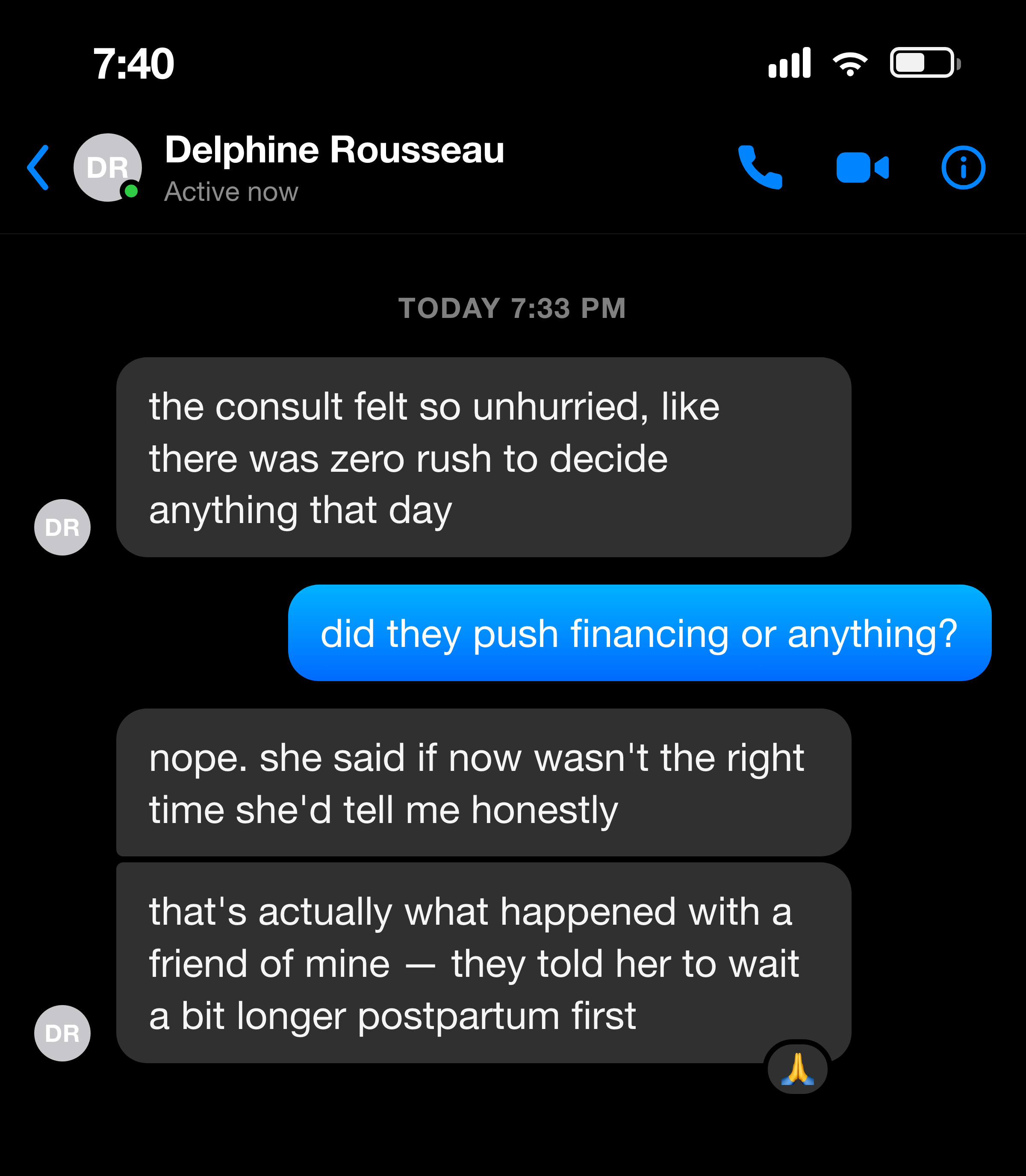 Messenger note from a patient about the honest, unhurried consultation